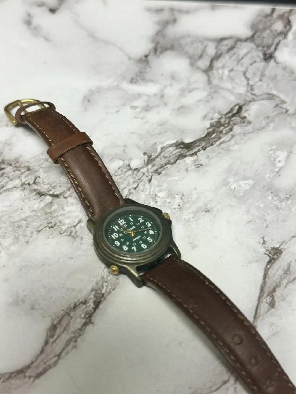 Vtg. Carriage Watch Women Bronze Tone Green Indiglo Dial Leather New Battery 8